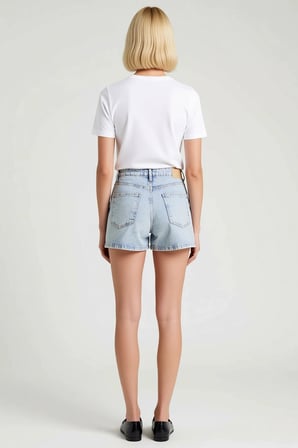 Kadın Şort Yüksek Bel City Kalıp Mom Siluet Boru Paça Düz Desen Denim Rigid Dokuma Kısa