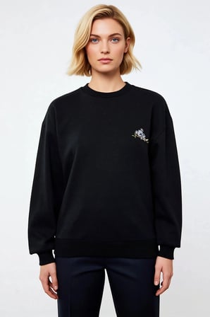 Kadın Bisiklet Yaka Düşük Kol Nakışlı Regular Kalıp Örme Sweatshirt Fonksiyonel Dayanıklı Şık