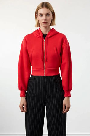 Kadın Kapüşonlu Düşük Kol Fermuarlı Örme Sweatshirt Fonksiyonel Dayanıklı Kaliteli Estetik