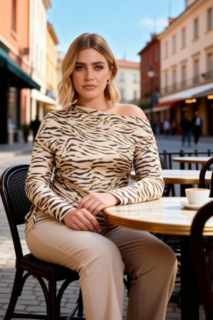 Kadın Büyük Beden Bluz Asimetrik Yaka Düşük Kol Uzun Saten Dokuma Zebra Desenli Regular Boy