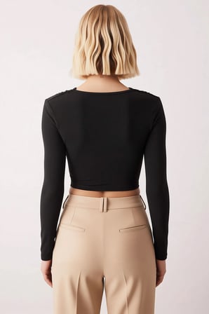 Kadın Bluz Crop V Yaka Uzun Kol Fitted Kalıp Örme Kumaş Düz Desen Sandy Dokuma Regular Kesim