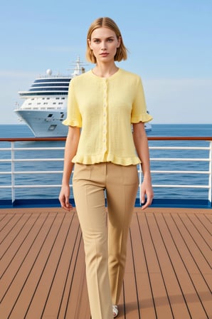 Kadın Bluz Triko Bisiklet Yaka Büzgülü Fırfırlı Kısa Kol Düğme Detaylı Regular Kalıp Orta Kalınlık