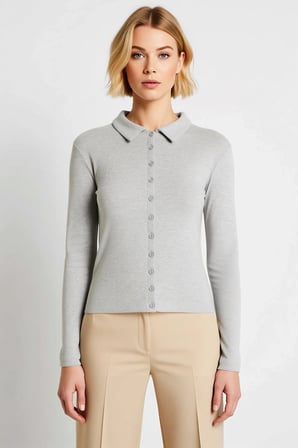 Kadın Bluz Polo Yaka Uzun Kol Fitted Vücuda Oturan Örme Ribana Düz Düğme Kapamalı Şık