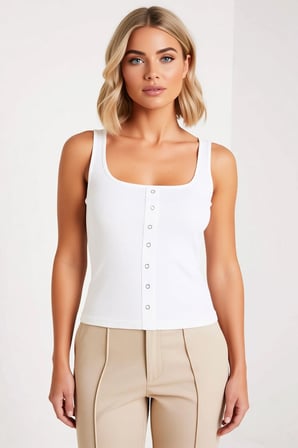 Kadın Bluz Crop Kare Yaka Kolsuz Fitted Kaşkorse Örme Çıtçıt Detaylı Düz Desenli Esnek Şık