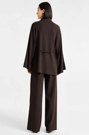 Kadın Büyük Beden Reglan Kollu Gömlek Yaka Kuşaklı Relaxed Kesim Geniş Paça Lastikli Pantolon Takımı