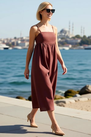 Kadın Askılı Straplez Maxi A-Line Keten Dokuma Elbise Kolsuz Rahat Kesim Yazlık Günlük Modern Şık