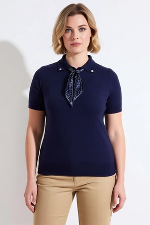 Kadın Bluz Polo Yaka Kısa Kol Düz Desen Çıkarılabilir Fularlı İnce Tek Plaka Dokuma Triko Regular