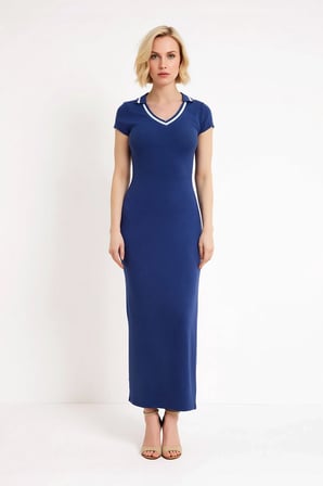 Kadın Çizgili V Yaka Bodycon Maxi Elbise Ay Kol Kısa Kollu Viskon Ribana Yumuşak Örme Günlük Rahat