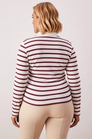 Kadın Büyük Beden Bluz Polo Yaka Standart Kol Çizgili Örme Esnek Dar Kalıp Süprem Dokulu Crop Boy