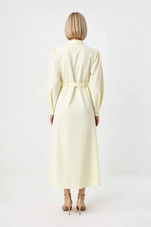 Kadın Maxi Tesettür Elbisesi Dik Yaka Uzun Kol Kuşaklı Terrycotton Dokuma Rahat Kesim Günlük Modern
