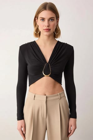 Kadın Bluz Crop V Yaka Uzun Kol Fitted Kalıp Örme Kumaş Düz Desen Sandy Dokuma Regular Kesim