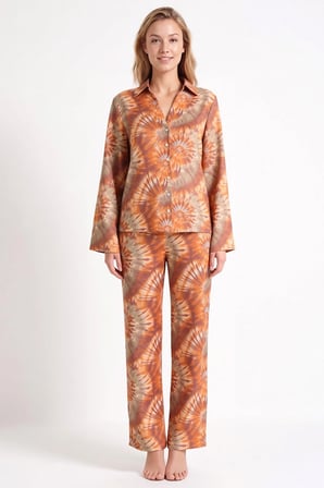 Kadın Büyük Beden Batik Desenli Dokuma Gömlek Pantolon Takımı Dik Yaka %100 Pamuk Oversize Günlük