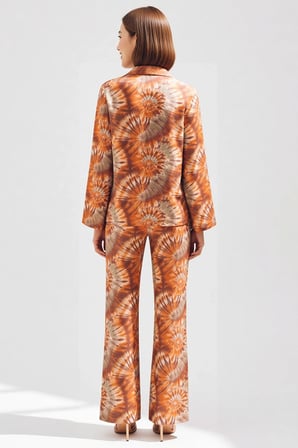 Kadın Büyük Beden Batik Desenli Dokuma Gömlek Pantolon Takımı Dik Yaka %100 Pamuk Oversize Günlük