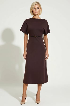 Kadın Midi Boy Yarasa Kollu A Kesim Kayık Yaka Kemerli %100 Pamuk İnterlok Elbise Günlük Rahat Şık
