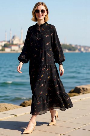 Kadın Maxi Şifon Elbise Uzun Balon Kollu Dik Yaka Çiçek Desenli Astarlı Rahat Kesim Günlük Modern
