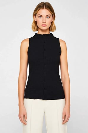 Kadın Bluz Dik Yaka Kolsuz Fitted Kaşkorse Örme Düğmeli Volanlı Fırfırlı Düz Desenli Esnek Model