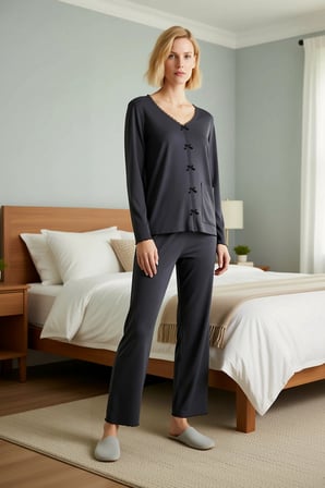 Kadın V Yaka Standart Kol Uzun Kol Regular Kalıp Örme Kaşkorse Pijama Takımı Fonksiyonel Şık