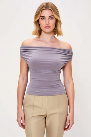 Kadın Bluz Carmen Yaka Kolsuz Fitted Vücuda Oturan Düz Esnek Örme Kalın Sandy Kumaş Modern