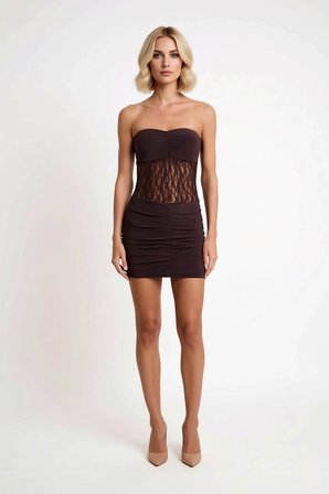 Kadın Straplez Dantelli Kısa Elbise Bodycon Kesim Astarlı Kolsuz Örme Kumaş Mini Boy Günlük Rahat