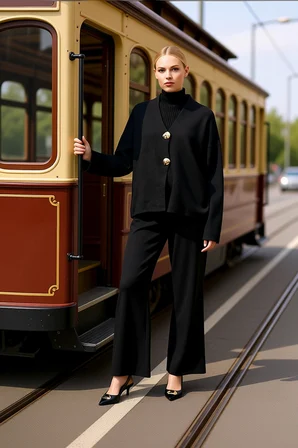 Kadın Oversize V Yaka Triko Hırka Pantolon Üç Parçalı Takım Düşük Kollu Rahat Kesim Günlük Modern