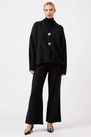 Kadın Oversize V Yaka Triko Hırka Pantolon Üç Parçalı Takım Düşük Kollu Rahat Kesim Günlük Modern