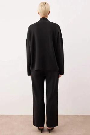 Kadın Oversize V Yaka Triko Hırka Pantolon Üç Parçalı Takım Düşük Kollu Rahat Kesim Günlük Modern