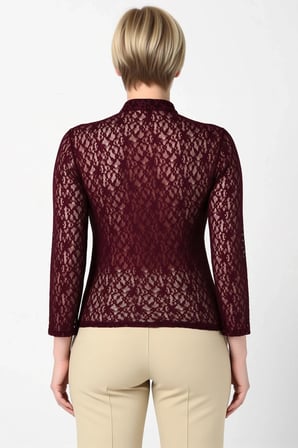 Kadın Büyük Beden Bluz Crop Dik Yaka Düğme Detaylı Uzun Kol Dantel Desenli Örme Kumaş Fitted Kalıp
