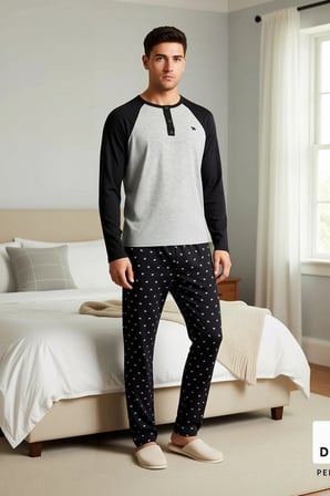 Erkek Regular Fit Reglan Kol Düğmeli Yaka Örme Pijama Takımı Fonksiyonel Modern %100 Pamuk