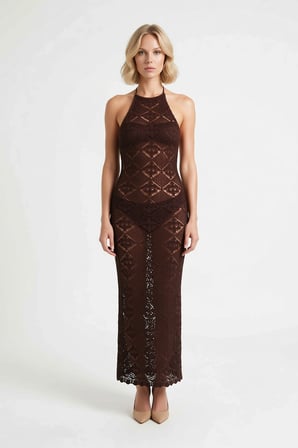 Kadın Kolsuz Halter Yaka Maxi Plaj Elbisesi Sırt Dekolteli Bodycon Triko Dokulu Astarsız Günlük
