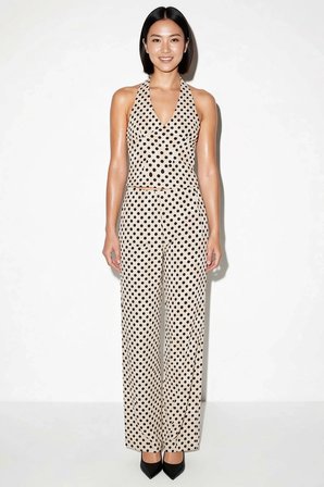 Kadın Kolsuz V Yaka Puantiyeli Crop Top Geniş Paça Takım Rahat Kesim Bubble Dokuma Günlük Modern