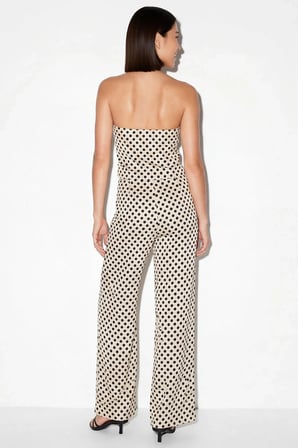 Kadın Kolsuz V Yaka Puantiyeli Crop Top Geniş Paça Takım Rahat Kesim Bubble Dokuma Günlük Modern
