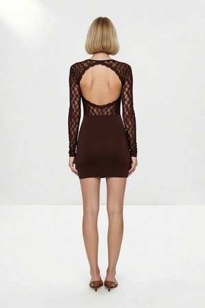 Kadın Uzun Kollu V Yaka Dantel Detaylı Bodycon Kesim Mini Elbise Astarsız Rahat Günlük Modern Şık