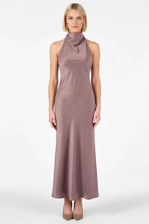 Kadın Elbise Bodycone Degaje Yaka Kolsuz Saten Dokuma Maxi Boy Slip Kalıp Astarsız Düz Desen Siluet
