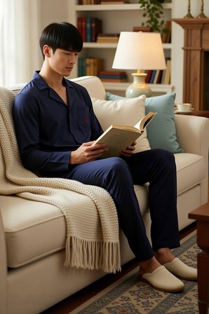 Erkek Apaş Yaka Standart Kol Uzun Kollu Nakışlı Pijama Takımı Regular Kalıp Şık %100 Pamuk