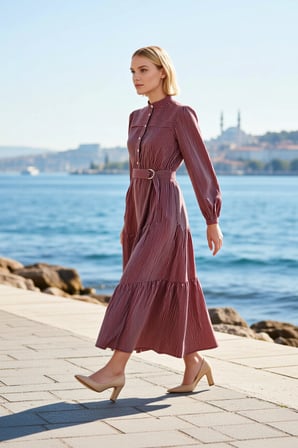 Kadın Maxi Elbise Dik Yaka Balon Kol Uzun Dokuma Terrycotton Astarsız Çizgili Desenli Günlük