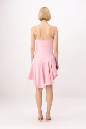 Kadın Saten Dokuma Mini Elbise Degaje Yaka İnce Askılı Skater Kesim Kolsuz Astarsız Yaz Elbisesi