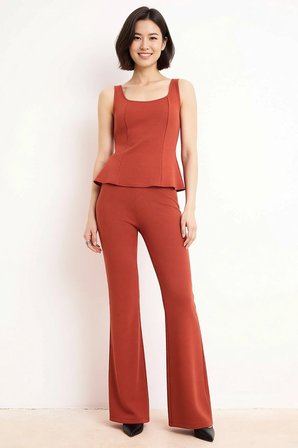 Kadın Büyük Beden Kolsuz Peplum Bluz İspanyol Paça Pantolon Takımı Havuz Yaka Viskoz Karışım Günlük