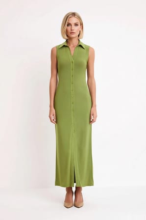 Kadın Gömlek Yaka Kolsuz Maxi Elbise Düğmeli Bodycon Kesim Esnek Örme Kumaş L Beden Günlük Rahat