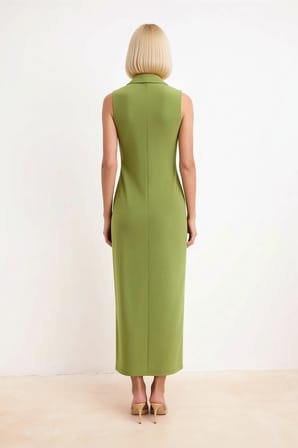 Kadın Gömlek Yaka Kolsuz Maxi Elbise Düğmeli Bodycon Kesim Esnek Örme Kumaş L Beden Günlük Rahat