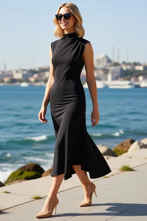 Kadın Kolsuz Bisiklet Yaka Maxi Elbise Astarlı Shift Kesim Yırtmaçlı Drape Detaylı Dokuma Rahat