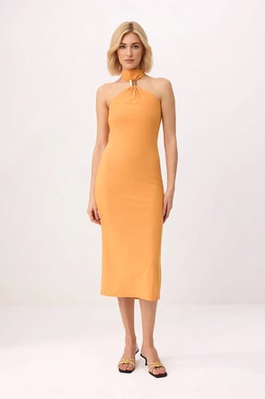 Kadın Bodycon Halter Yaka Kolsuz Midi Esnek Örme Elbise Aksesuar Detaylı Astarlı Günlük Rahat Modern