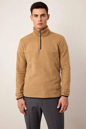 Erkek Dik Yaka Fermuarlı Standart Kol Polar Sweatshirt Fonksiyonel Dayanıklı Kaliteli Spor