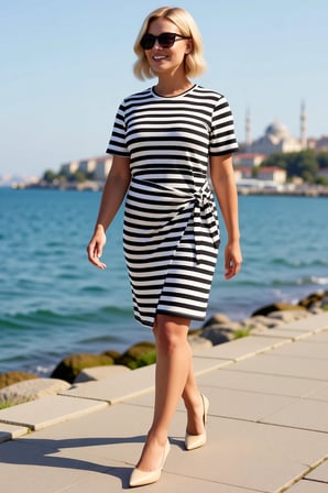 Kadın Büyük Beden Çizgili Mini Elbise Kısa Kollu Bisiklet Yaka Shift Kesim Önü Bağlamalı Rahat Şık