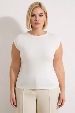 Kadın Büyük Beden Bluz Basic Bisiklet Yaka Kısa Kol Fitted Kalıp Ribana Örme Düz Esnek