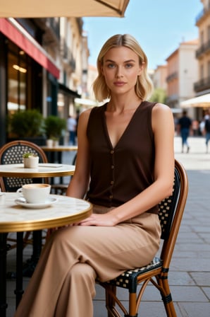 Kadın Bluz V Yaka Kolsuz Fitted Vücuda Oturan İnterlok Örme Önden Düğmeli Crop Düz Desen Şık