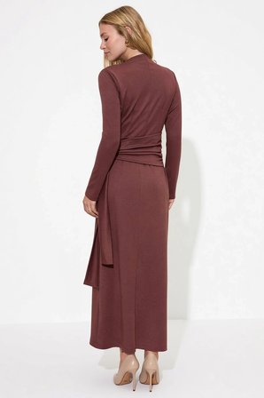Kadın Maxi Bodycon Drapeli Yüksek Yaka Uzun Kol Örme Kumaş Bağlama Detaylı Düz Desen