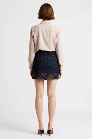 Kadın Mini Denim Etek Ekose Detaylı Kalem Kesim %100 Pamuk Casual Günlük Rahat Modern Şık Konforlu