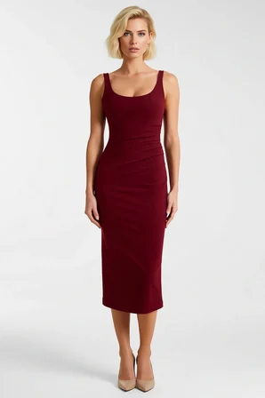 Kadın Bodycon Midi Elbise Havuz Yaka Kolsuz Düz Desen Örme Scuba Krep Astarsız Fonksiyonel