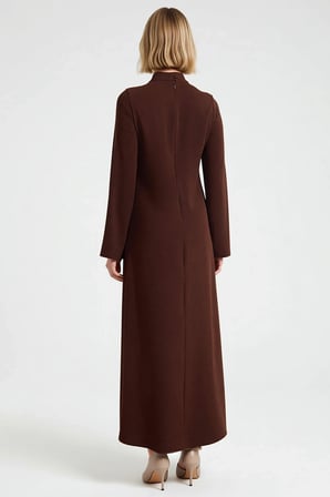 Kadın Maxi Elbise A Kesim Dik Yaka Uzun Geniş Kol Düz Desen Dokuma Aerobin Kumaş Düğme Detaylı