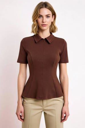Kadın Bluz Peplum Polo Yaka Kısa Kol İnterlok Örme Düz Desen Yarım Pat Fermuar Kapamalı Regular